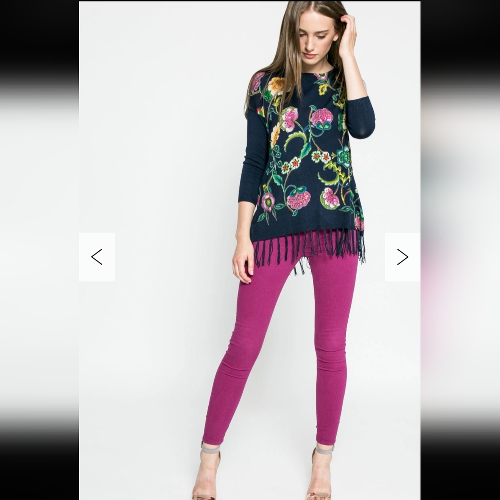 Desigual Yovana Navy Floral Sweater with Tassel Fringe - Picture 2 of 8